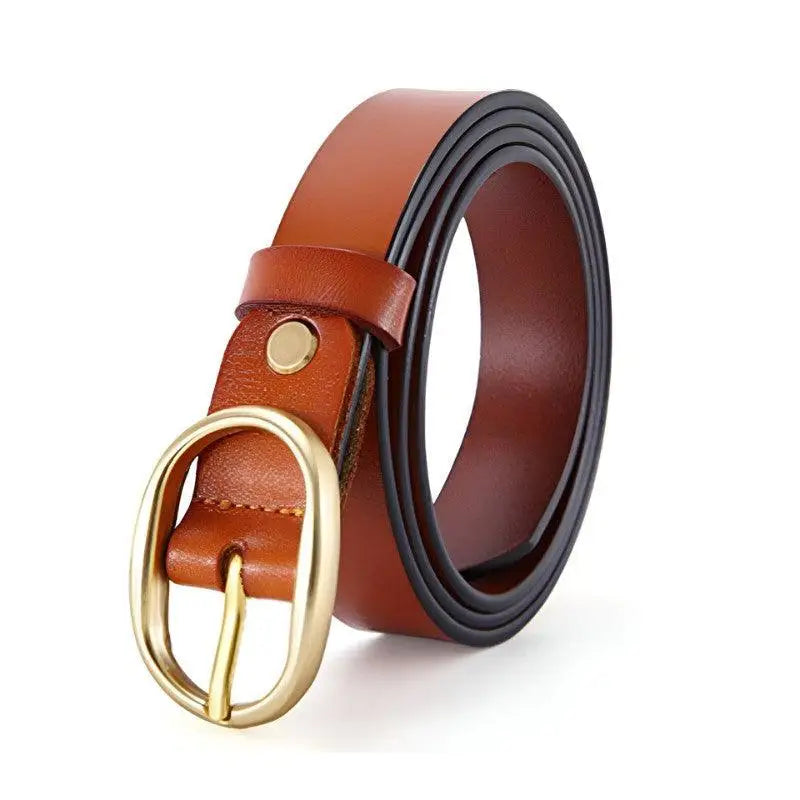 Fiona Women’s Belt in brown leather with gold oval buckle, stylish women’s belt accessory