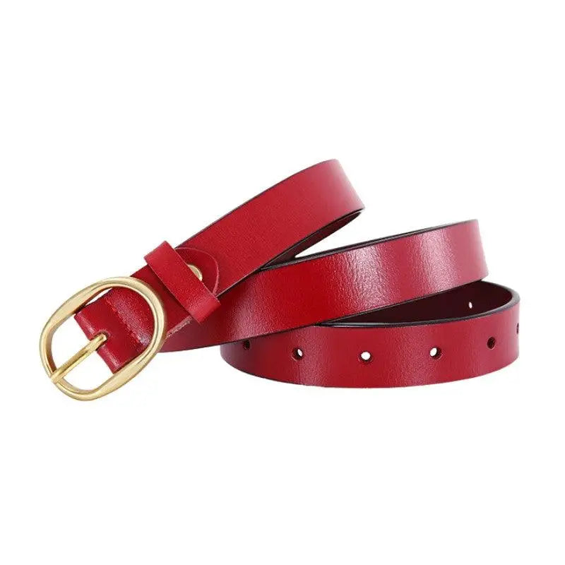 Red leather Fiona women’s belt with gold oval buckle for women’s fashion style