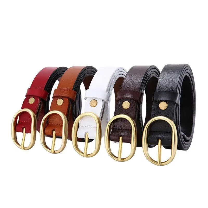 Assorted leather belts with gold buckles showcasing the Fiona Women’s Belt in Brown Black and White Leather