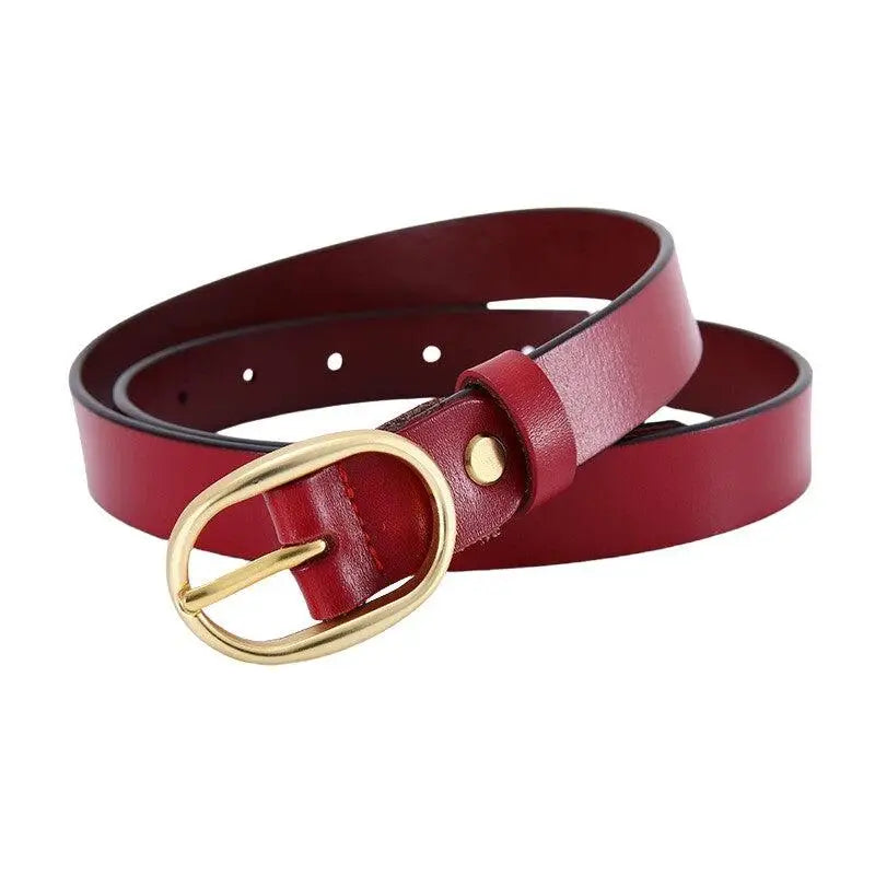 Red leather Fiona women’s belt with gold oval buckle for women’s fashion accessories