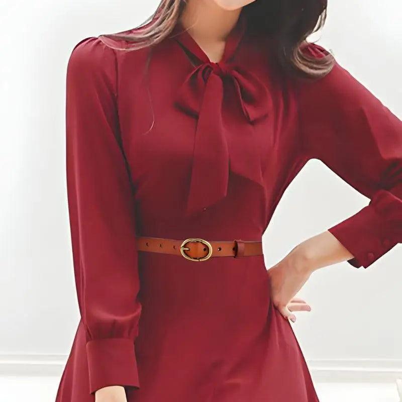 Elegant Burgundy dress with tie neck and brown belt from Elegant Dresses and Belts collection