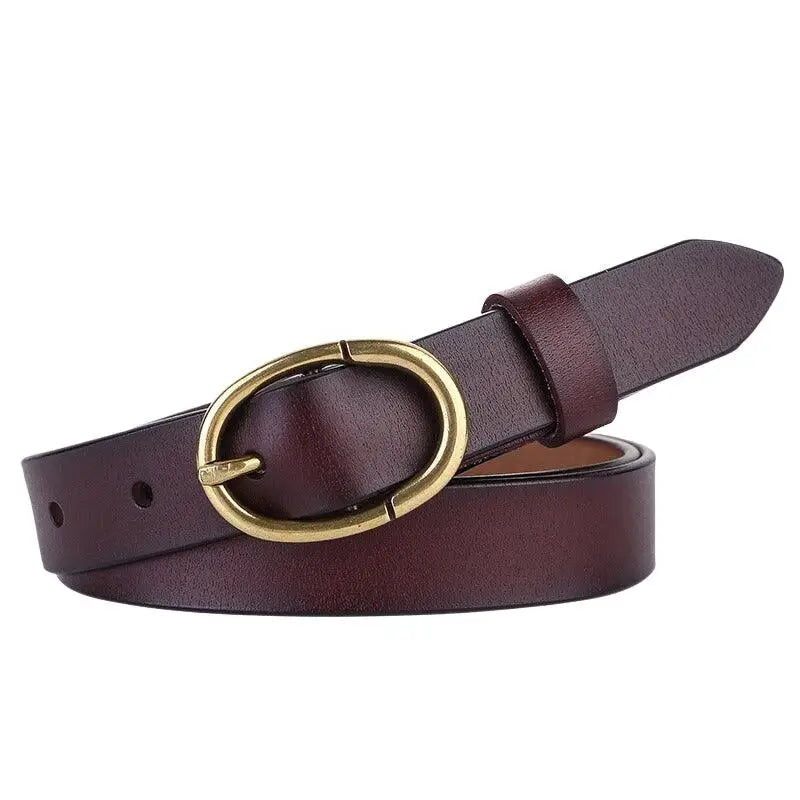 Burgundy leather belt with oval brass buckle from Elegant Dresses and Belts collection