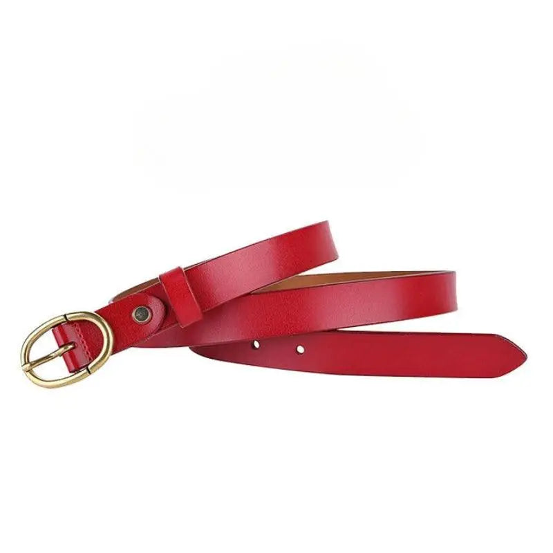 Red leather belt with a gold buckle featured in Elegant Dresses and Belts collection