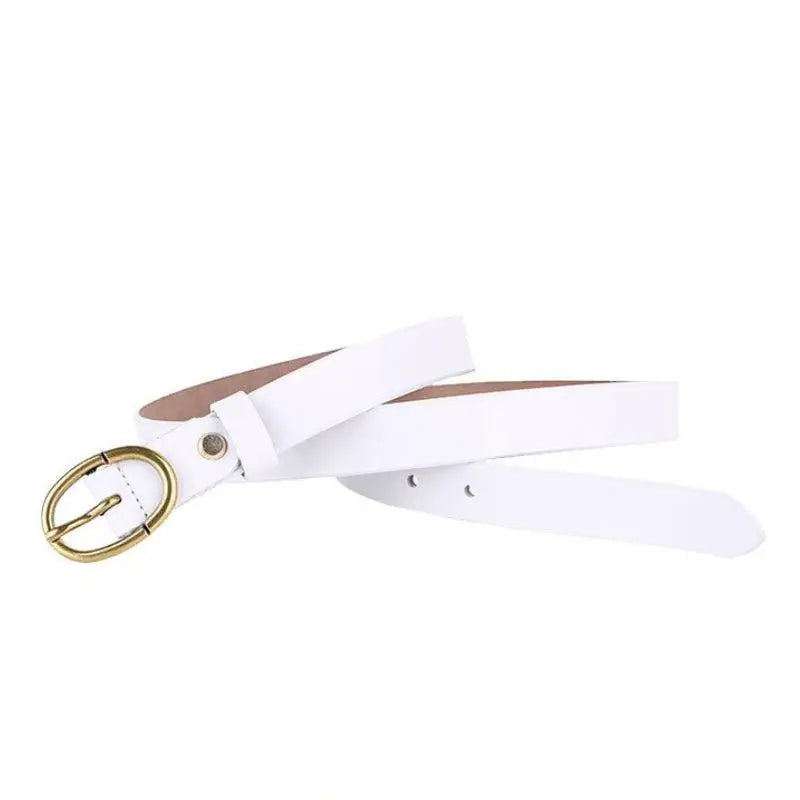 White belt with gold buckle displayed on Elegant Dresses and Belts in Black Burgundy and Brown Tones