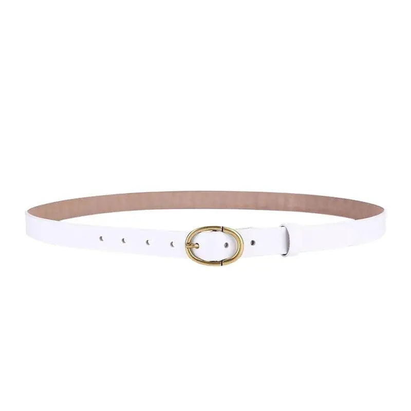 White belt with a gold oval buckle from Elegant Dresses and Belts collection