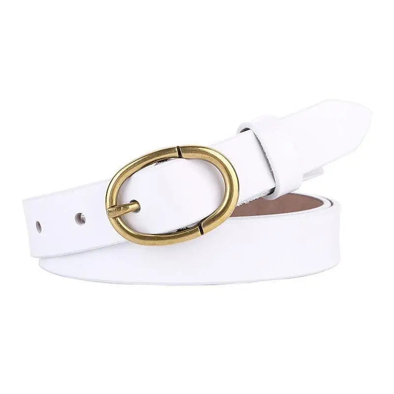 White leather belt with oval brass buckle from Elegant Dresses and Belts collection