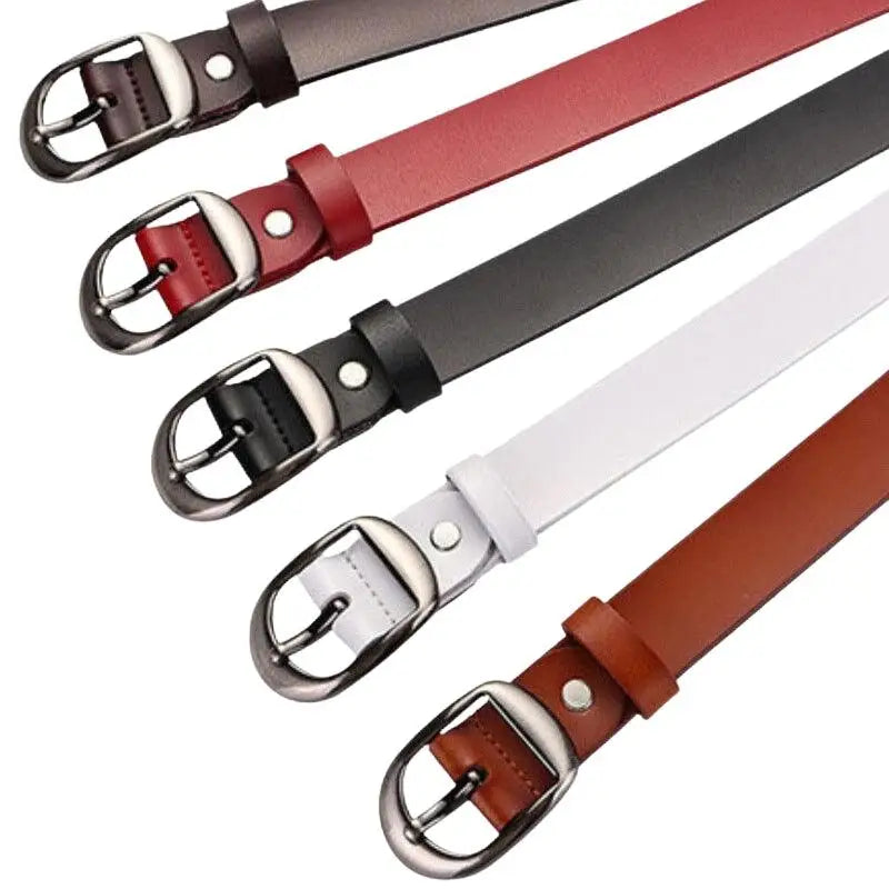 Assorted leather belts with metal buckles in brown and red for stylish accessories