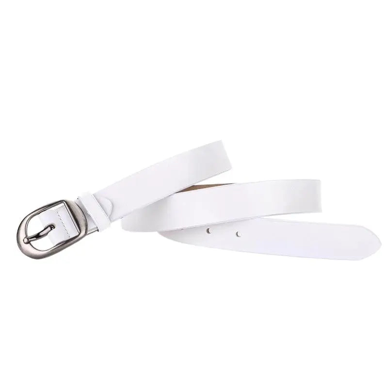 White leather belt with silver buckle featured in Leather Belts with Silver Buckle in Brown and Red