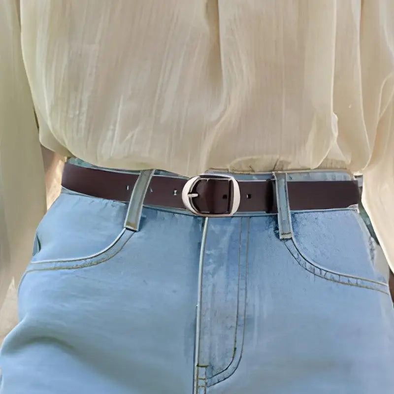 Brown leather belt with a silver buckle from Leather Belts with Silver Buckle in Brown and Red