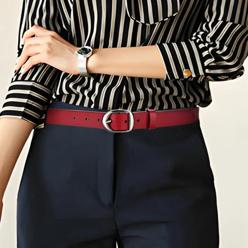 Red leather belt with silver buckle from Leather Belts with Silver Buckle in Brown and Red