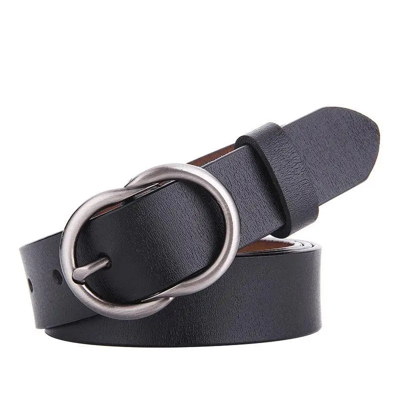 Black leather belt with silver buckle displayed in the Brown Leather Belt for Women product