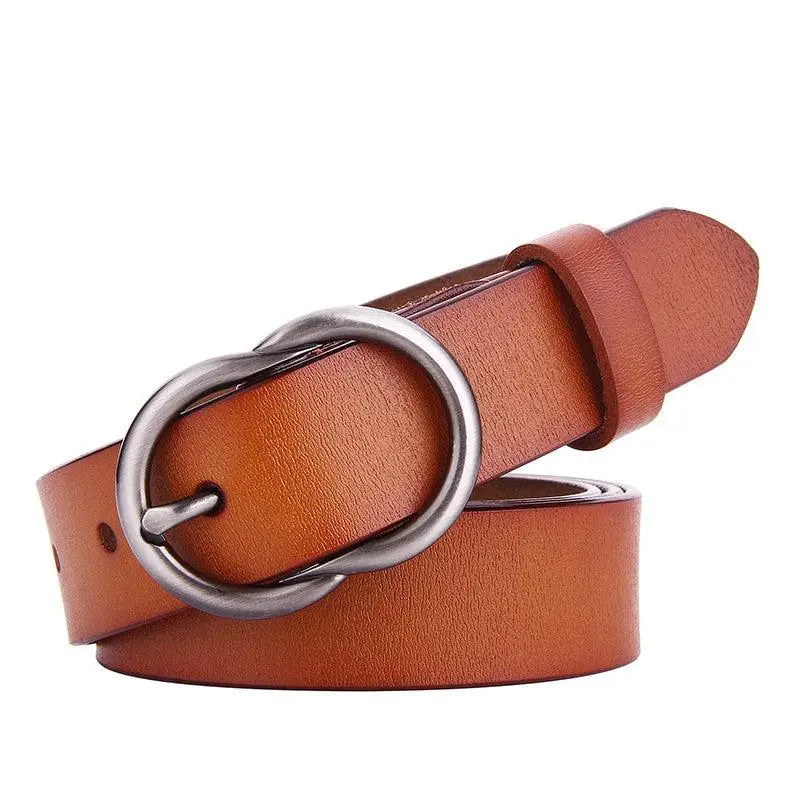 Brown leather belt with silver buckle for women front view