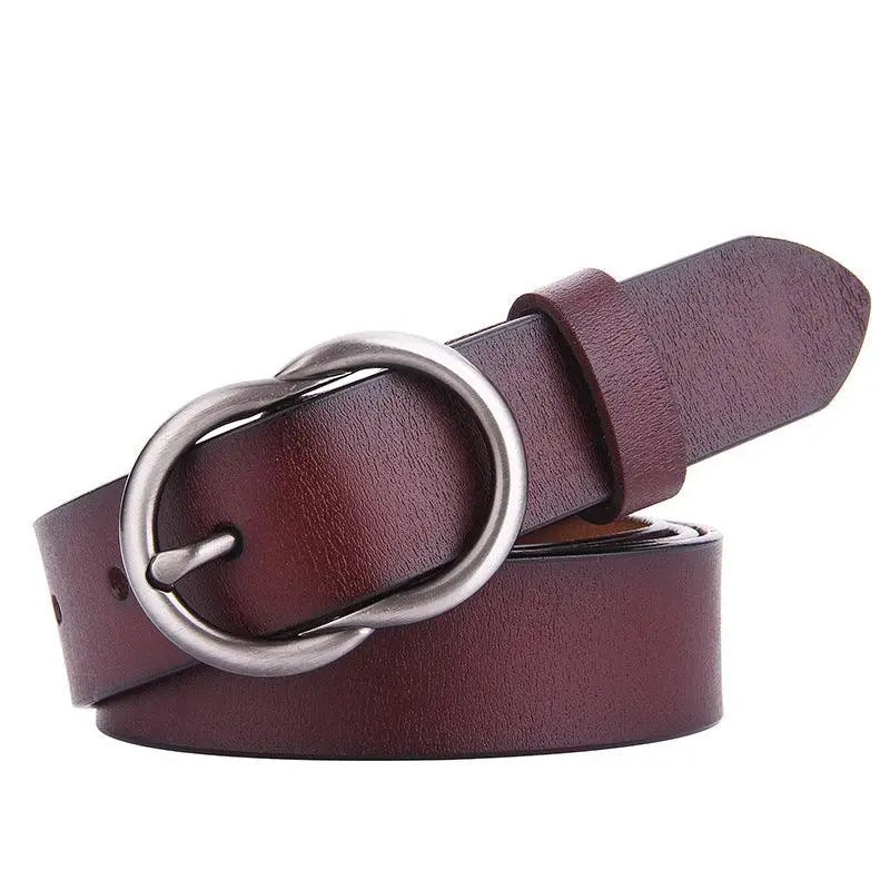 Burgundy leather belt with silver buckle for women displayed in product named Brown Leather Belt with Silver Buckle for Women
