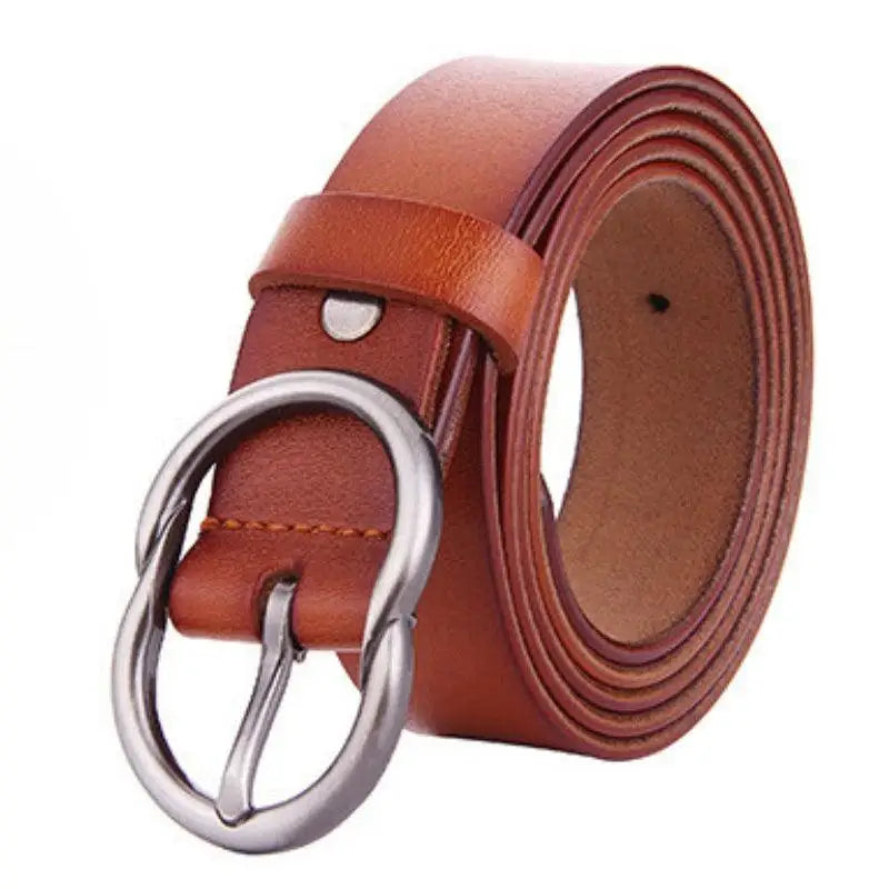Brown leather belt with silver buckle designed for women