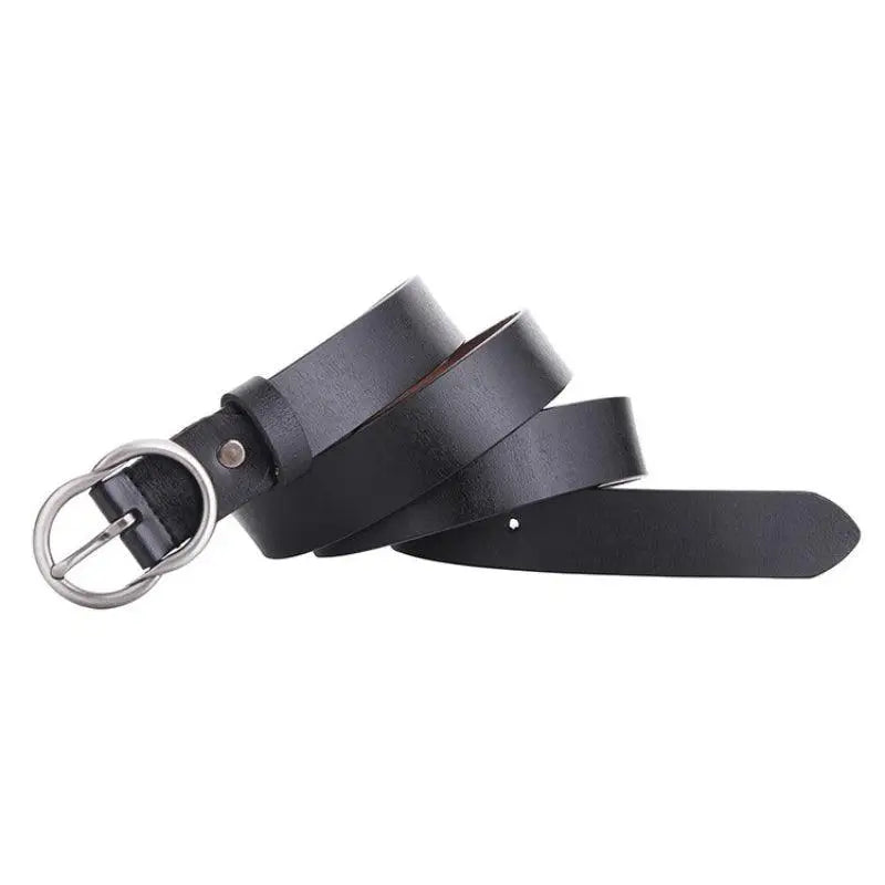 Black leather belt with silver buckle displayed as part of the Brown Leather Belt for Women product