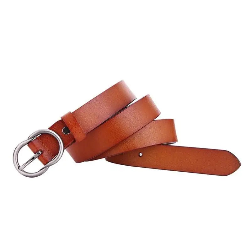 Brown leather belt with silver buckle for women product image