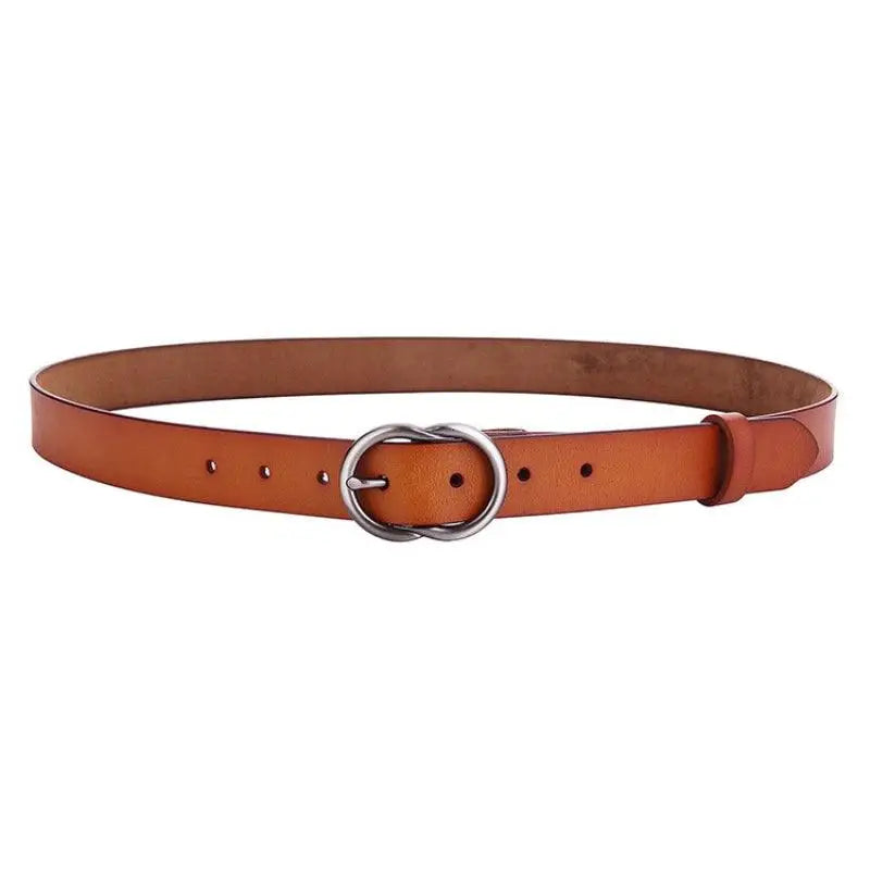 Brown leather belt with silver buckle designed for women
