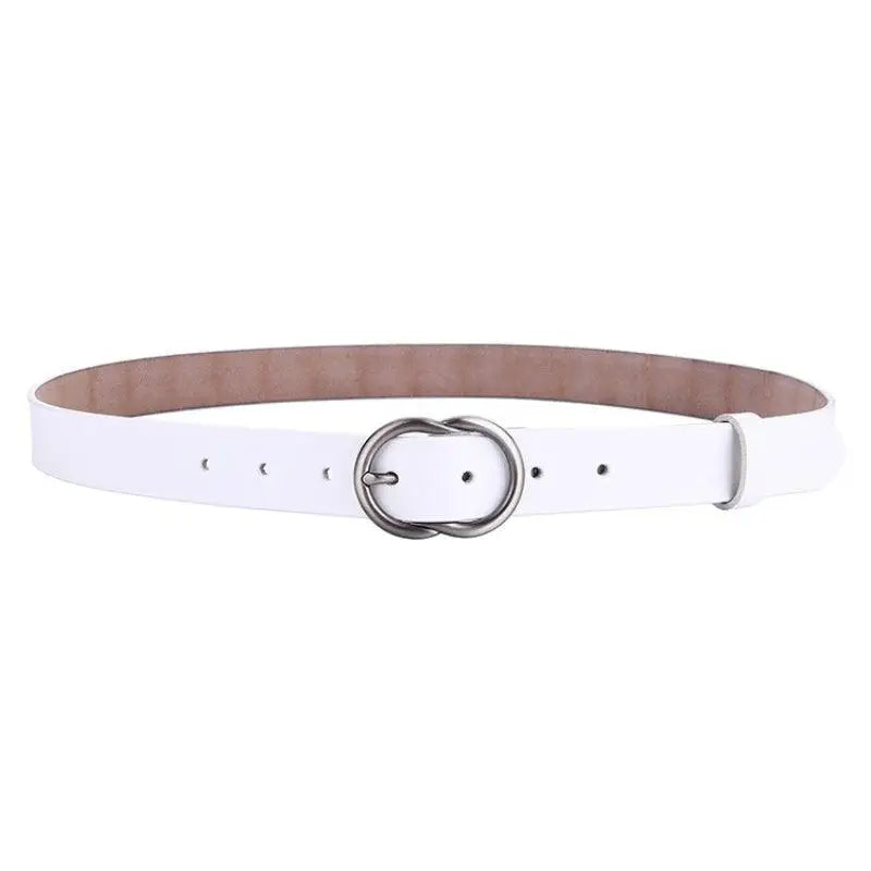 White belt with silver buckle shown in product Brown Leather Belt with Silver Buckle for Women