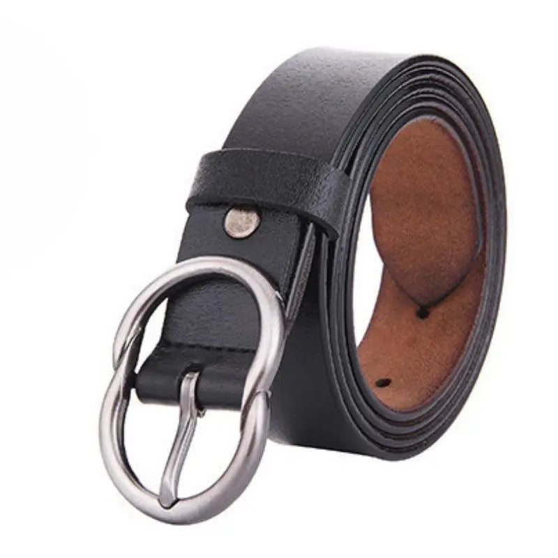 Black leather belt with silver buckle for women product display
