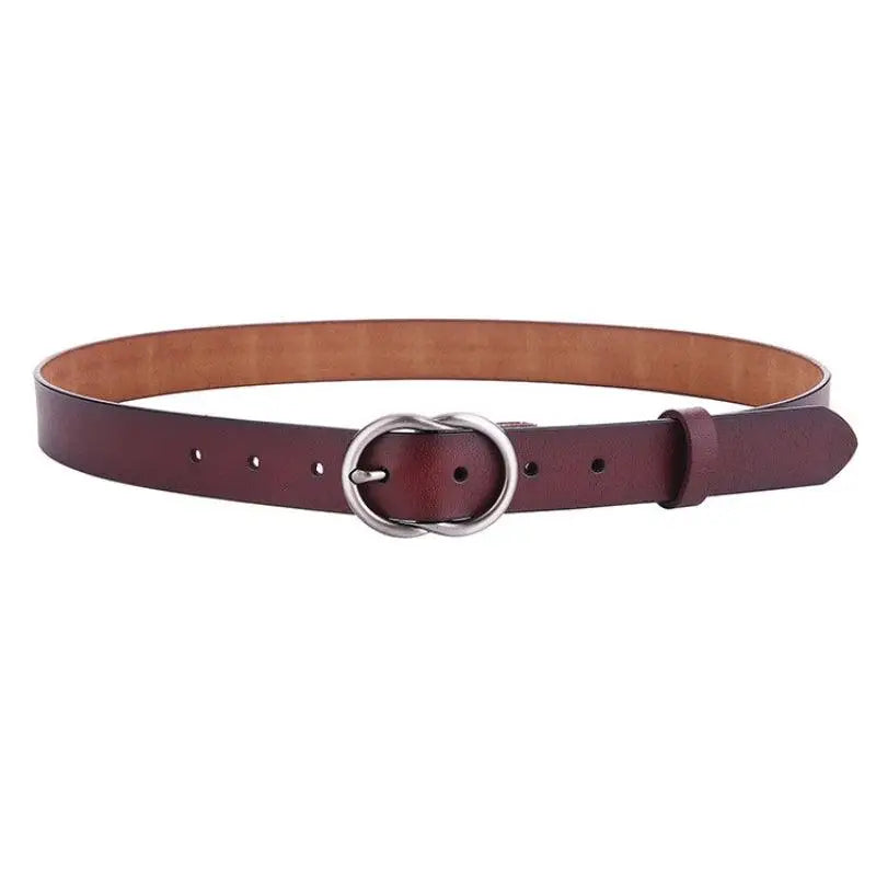 Burgundy leather belt with silver buckle for women displayed with product name Brown Leather Belt with Silver Buckle for Women