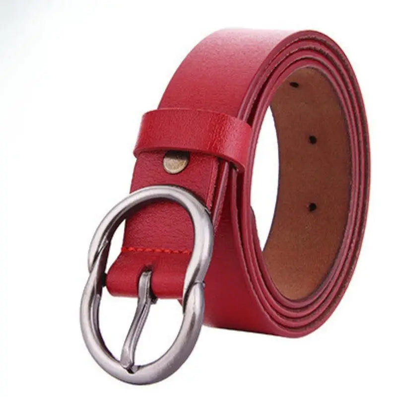 Red leather belt with silver buckle shown in the Brown Leather Belt with Silver Buckle for Women product image