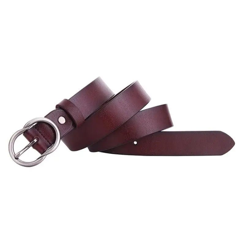 Maroon leather belt with silver buckle for women product display