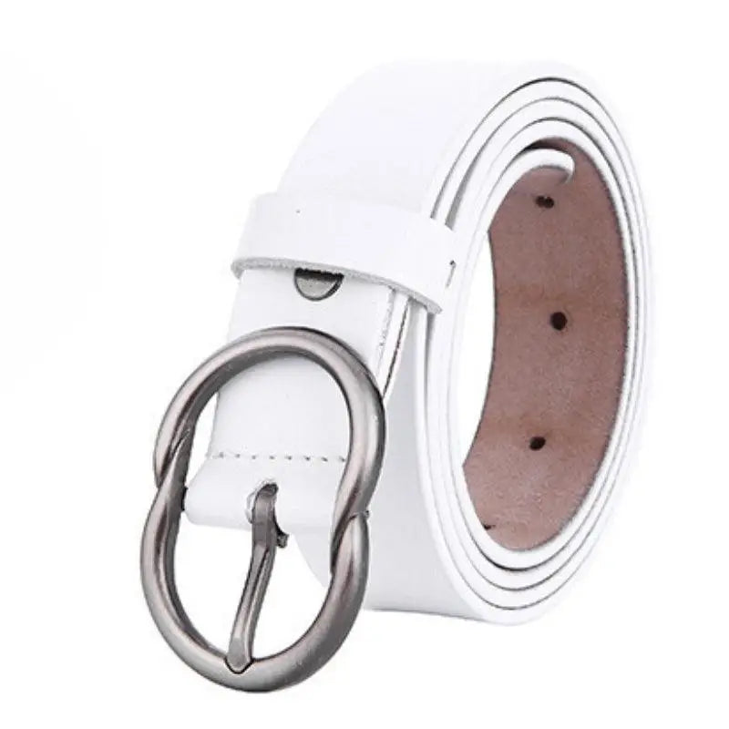 White leather belt with silver buckle displayed alongside Brown Leather Belt for Women product