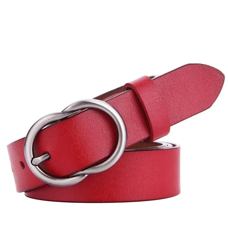 Red leather belt with silver buckle displayed on a product named Brown Leather Belt with Silver Buckle for Women