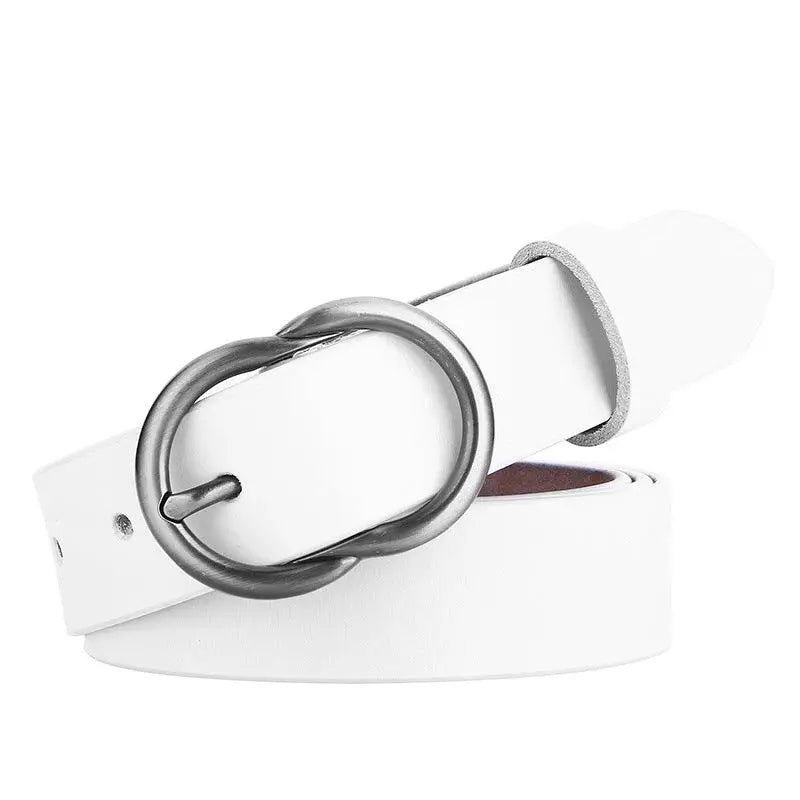 White leather belt with silver buckle shown in product titled Brown Leather Belt with Silver Buckle for Women