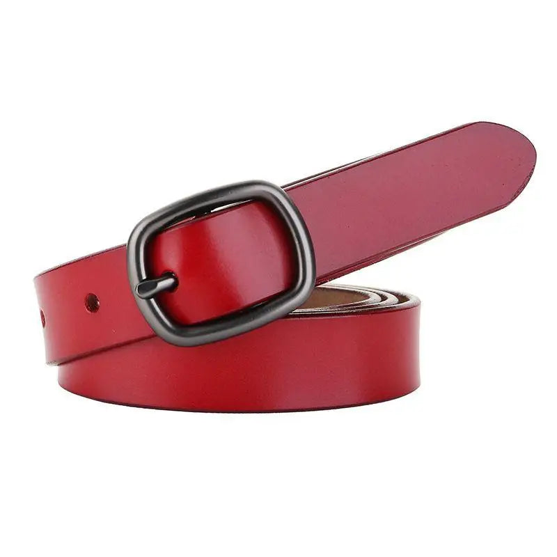 Red leather belt with dark metal buckle from Anni Leather Belt and Ceinture en Cuir collection