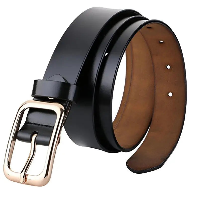 Black leather belt with a gold buckle from Women’s Outfit Featuring White Sweater Blue Jeans and Gold Buckle Belts