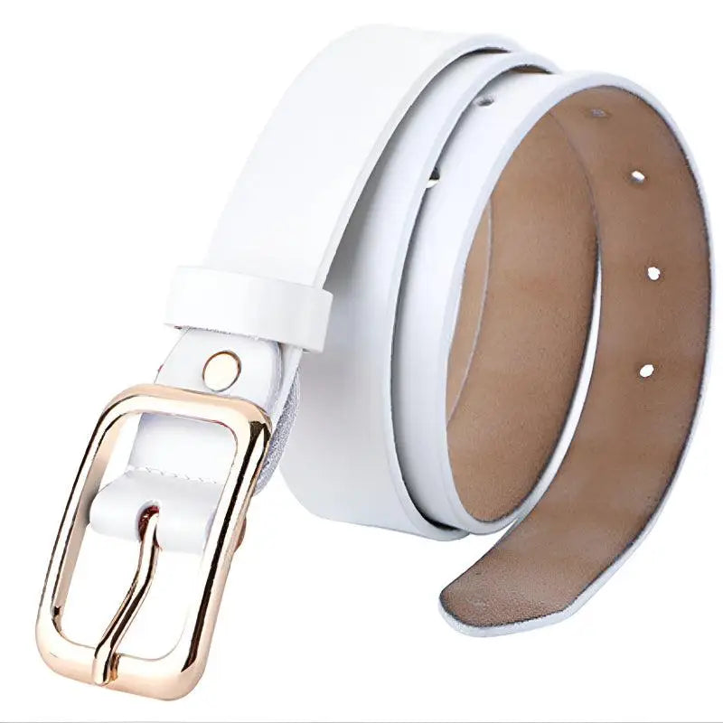 White leather belt with gold buckle featured in Women’s Outfit with White Sweater and Blue Jeans