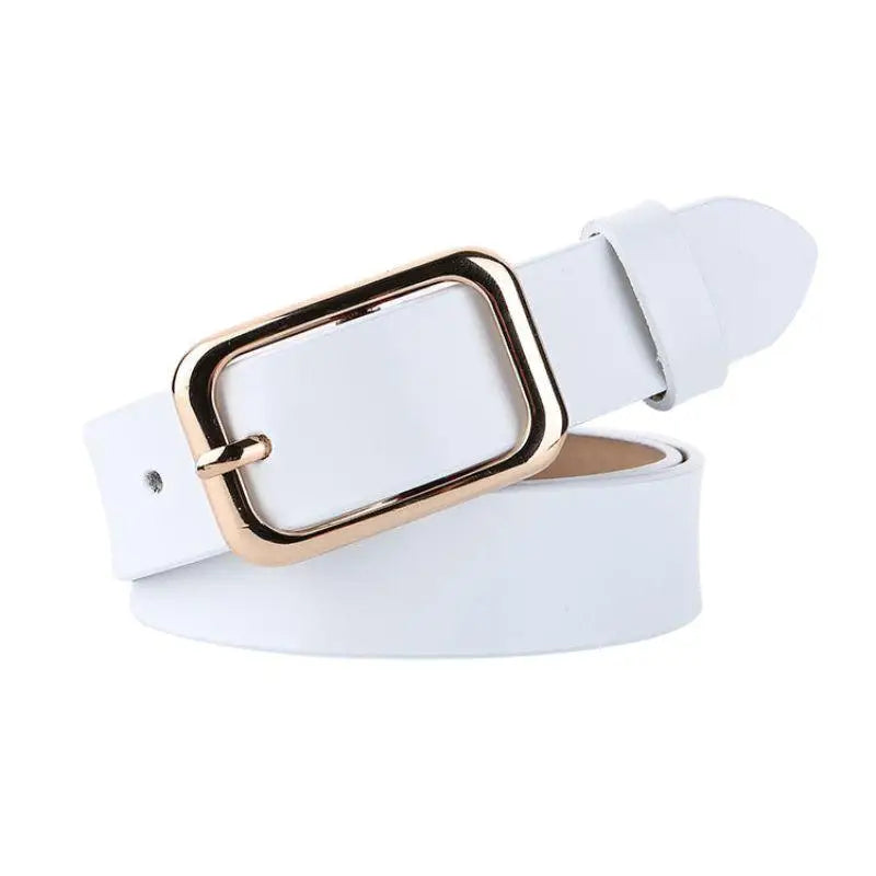 White leather belt with a gold buckle featured in Women’s Outfit with White Sweater and Blue Jeans