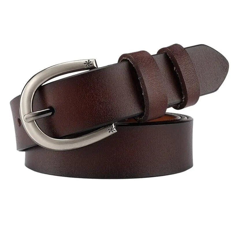 Assorted Brown Leather Belts with Silver Buckles showcased in a product display