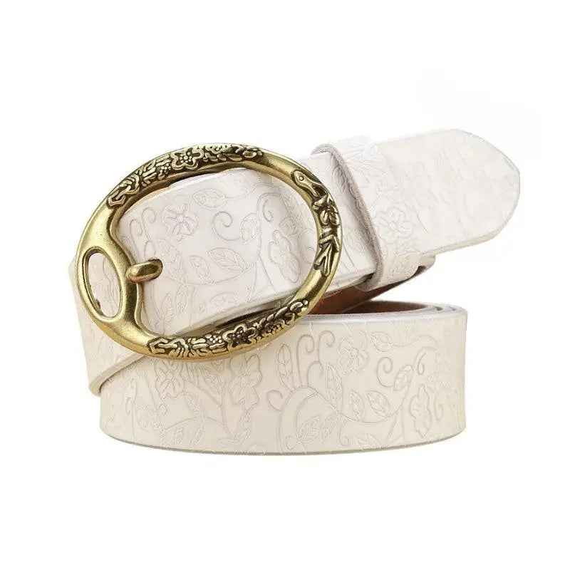 White floral-patterned Itotia Bohemian Leather belt with ornate gold buckle