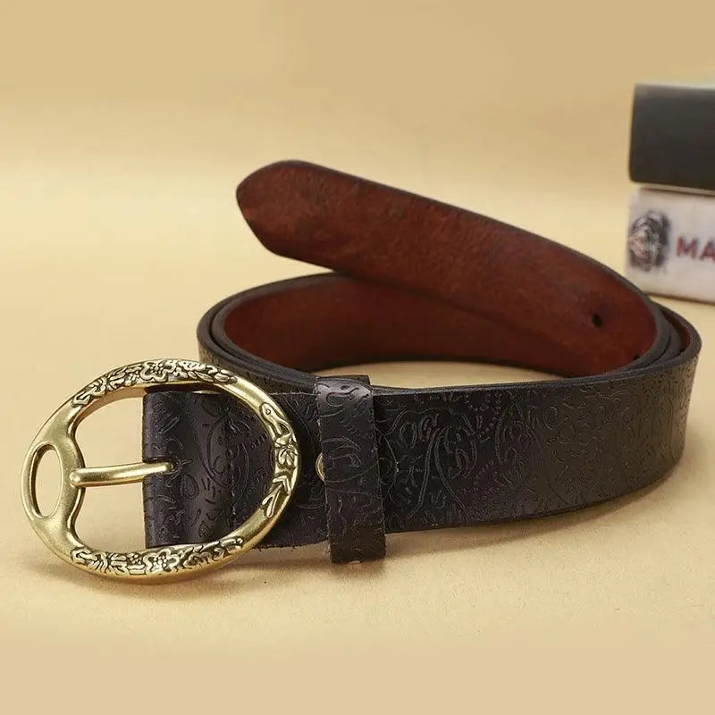 Itotia Bohemian Leather Belt with Ornate Gold Buckle showcasing bohemian leather craftsmanship