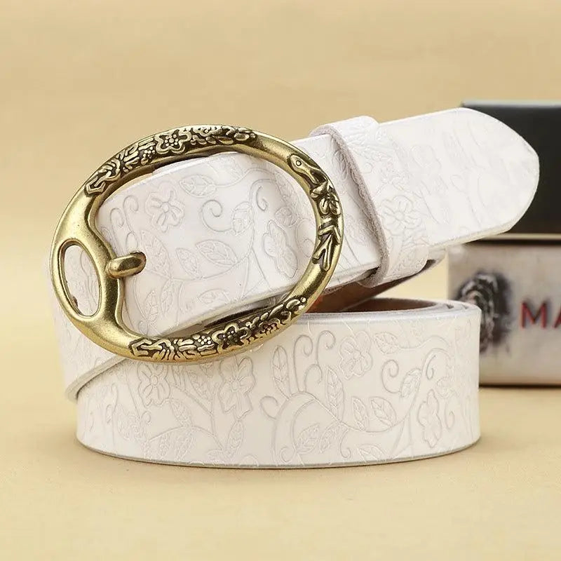 White leather belt with ornate gold buckle, Itotia Bohemian Leather Belt style