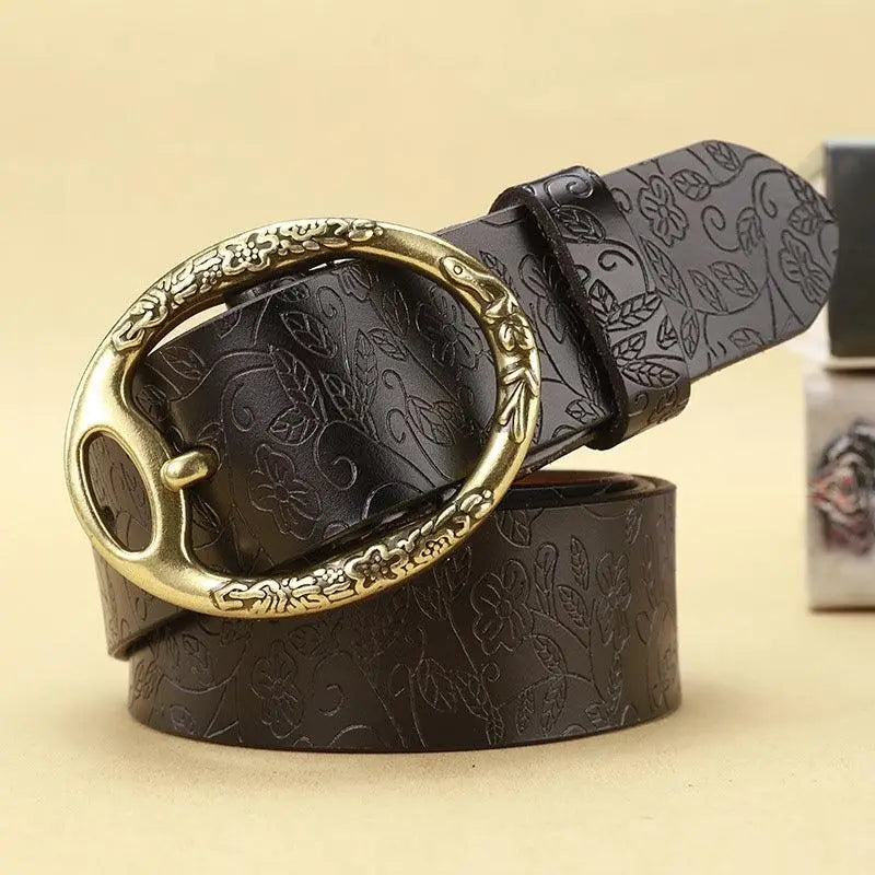 Itotia Bohemian Leather Belt with floral pattern and ornate gold buckle