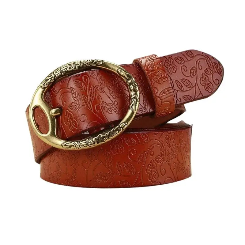 Itotia Bohemian leather belt with floral pattern and ornate gold buckle for bohemian style