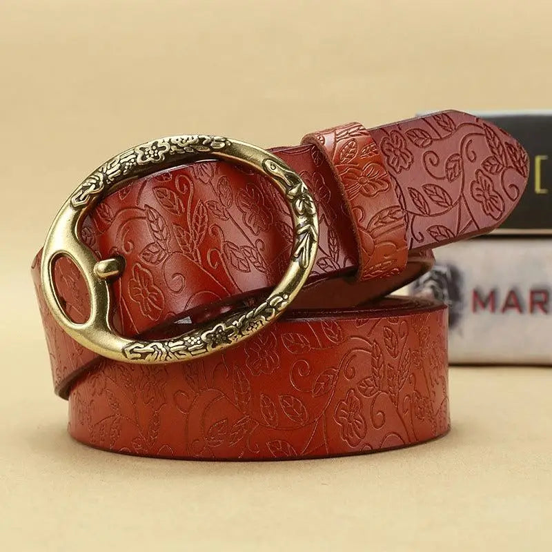Itotia Bohemian leather belt with floral pattern and ornate oval gold buckle