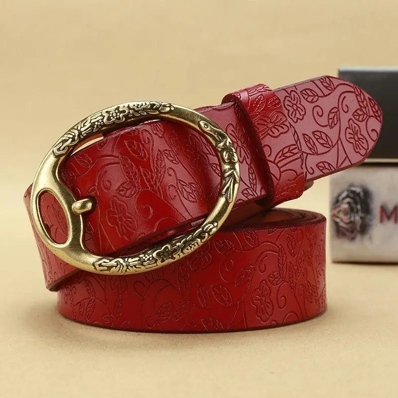 Itotia Bohemian leather belt with floral pattern and ornate gold buckle for bohemian style