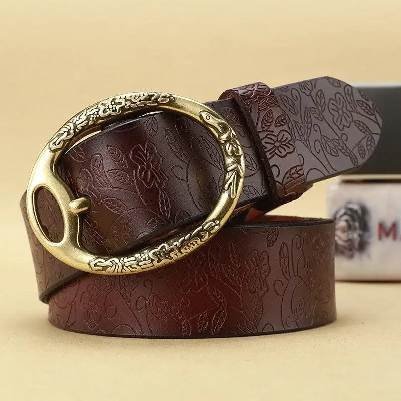 Embossed Itotia Bohemian Leather Belt with Ornate Gold Buckle for bohemian leather style