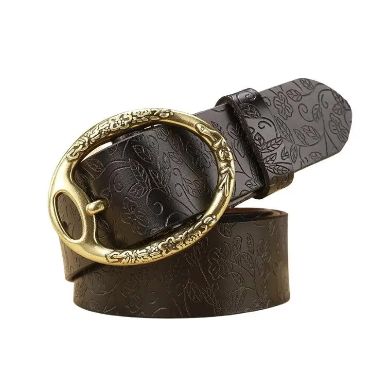 Itotia Bohemian Leather belt with floral pattern and ornate gold buckle for bohemian style