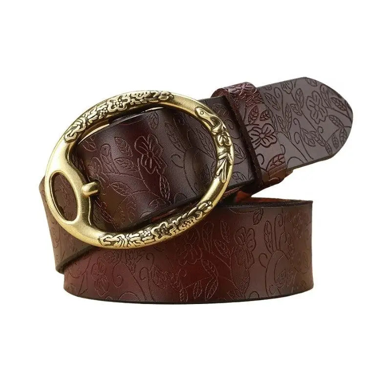 Itotia Bohemian Leather Belt with floral pattern and ornate gold buckle