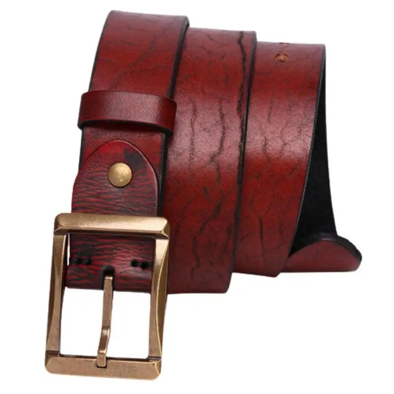 Maroon leather belt with brass buckle from Assorted Leather Belts with Brass and Gold Buckles