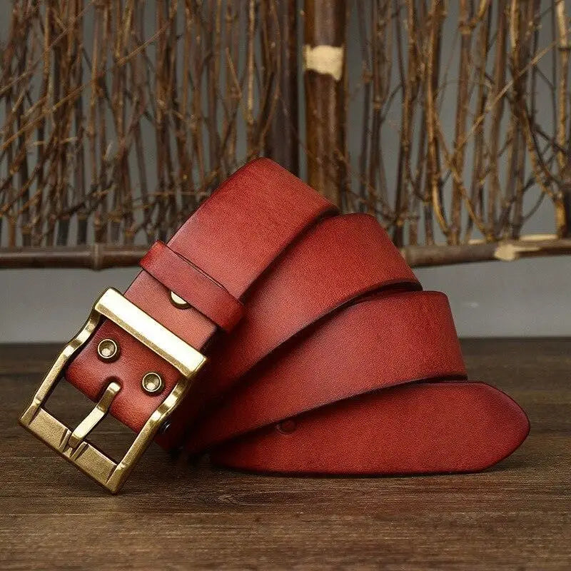 Red Grain Leather Belt with Brass Buckle from Assorted Grain Leather Belts Collection