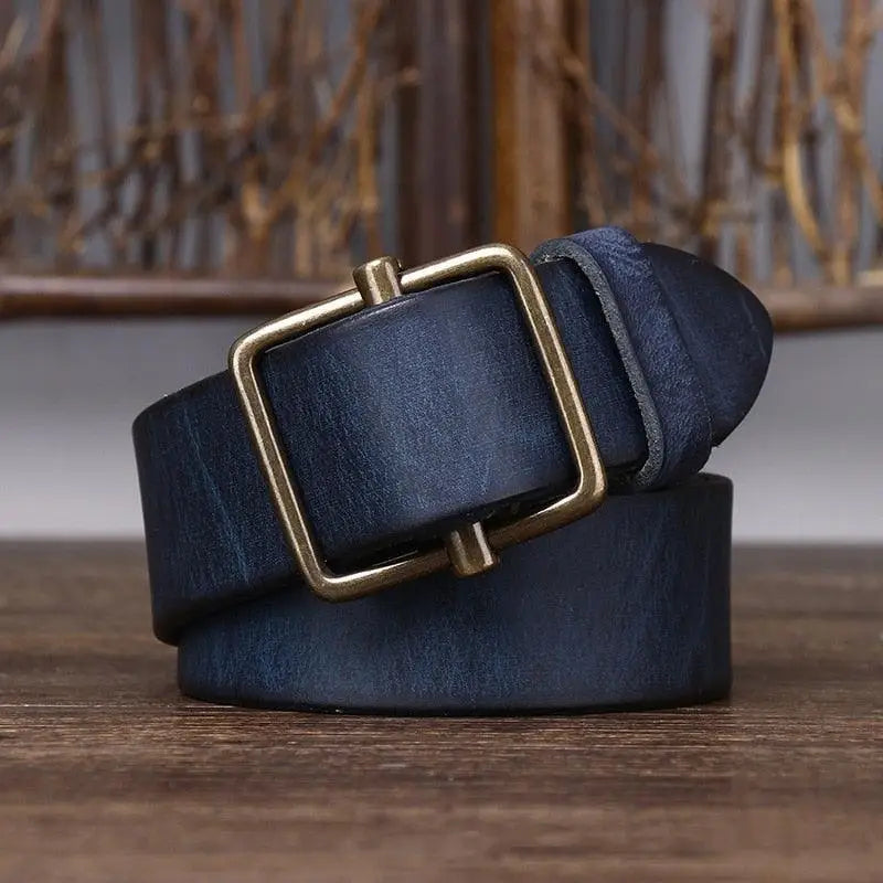 Blue Strumiana Leather Belt with Brass Square Buckle made from full-grain leather