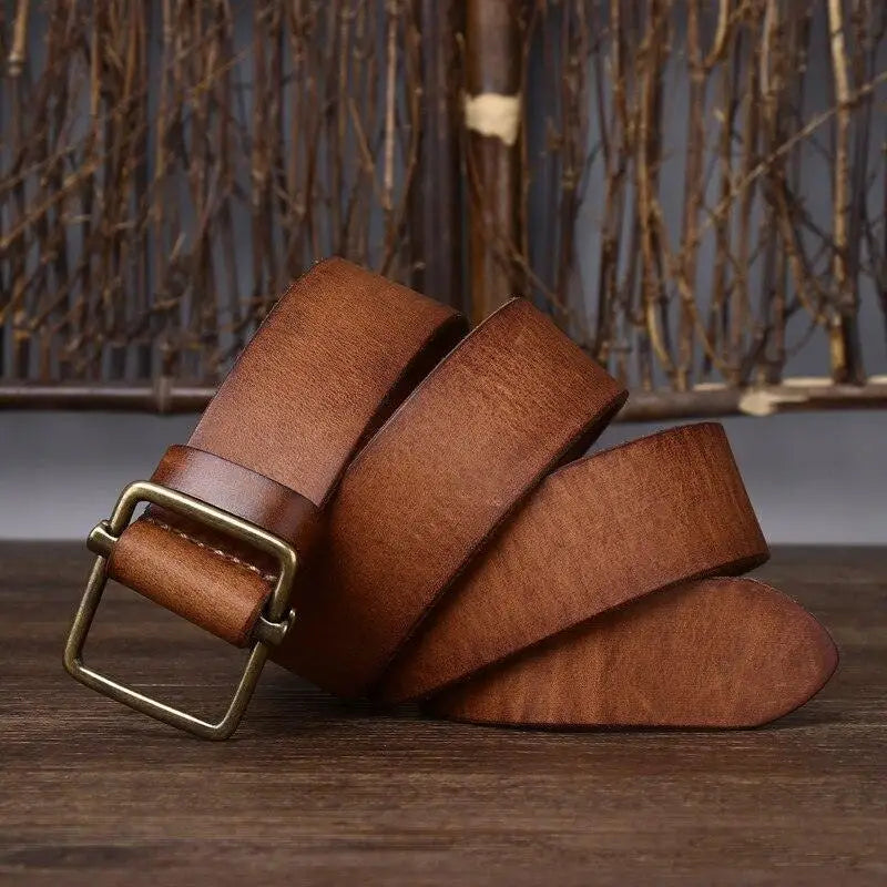 Strumiana Leather Belt with Brass Square Buckle showcasing high-quality leather belt craftsmanship