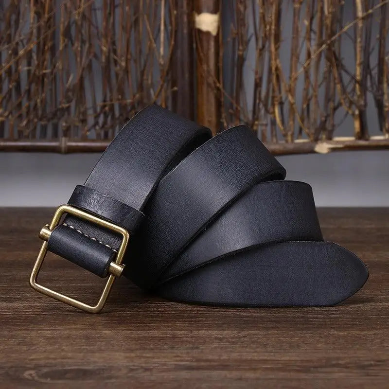 Strumiana Leather Belt with Brass Square Buckle featuring black leather material
