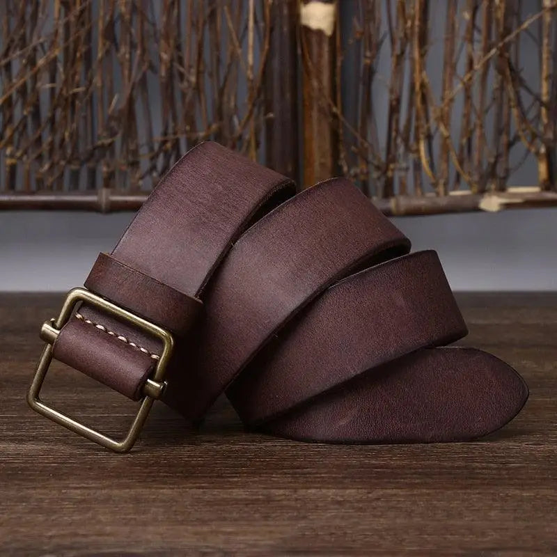Strumiana Leather Belt with Brass Square Buckle in full-grain leather